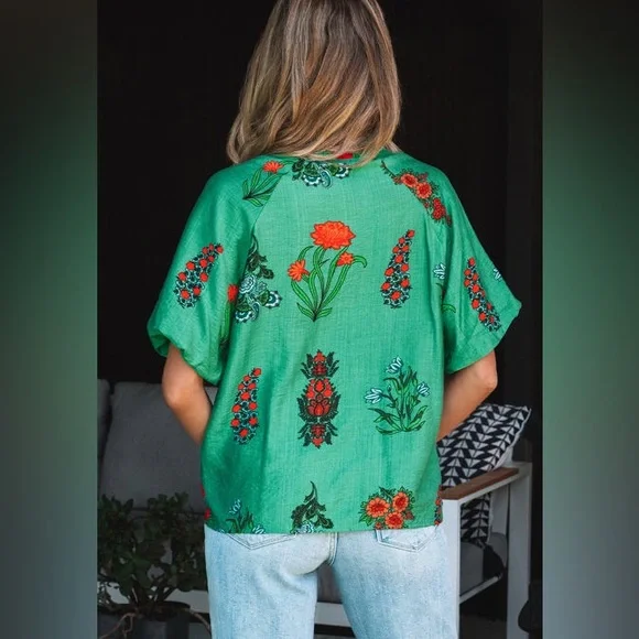 THML Green Floral Blouse with Red Accents - Picture 2 of 8